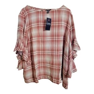 COPY - Chaps Plaid Flutter Sleeve Blouse